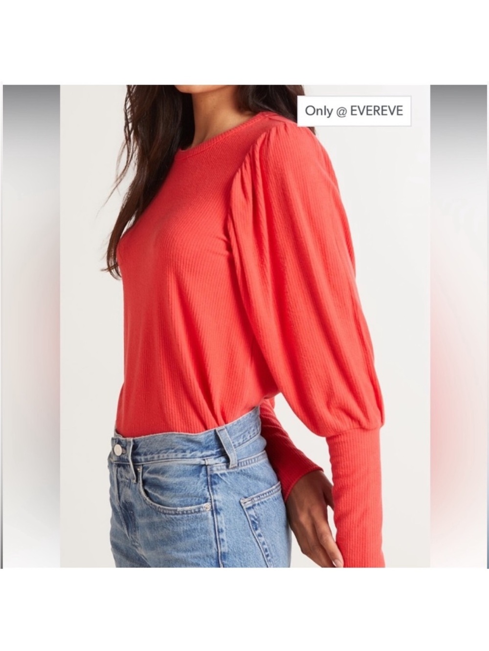 Evereve Coral Puff-Sleeve Ribbed Long Sleeve Top